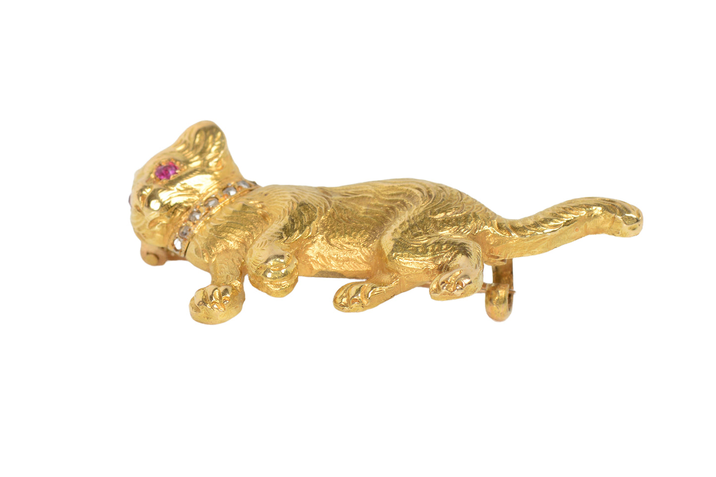 Furrever Yours - Antique Gold Ruby Diamond Cat Brooch