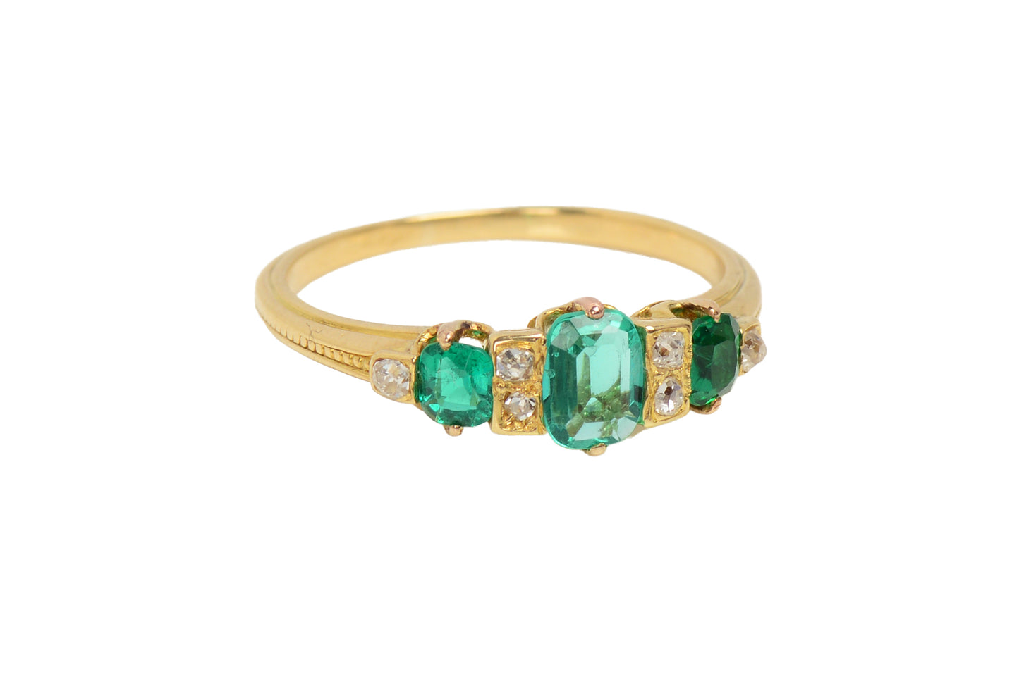 Edwardian Antique Three Emerald Diamond Ring
