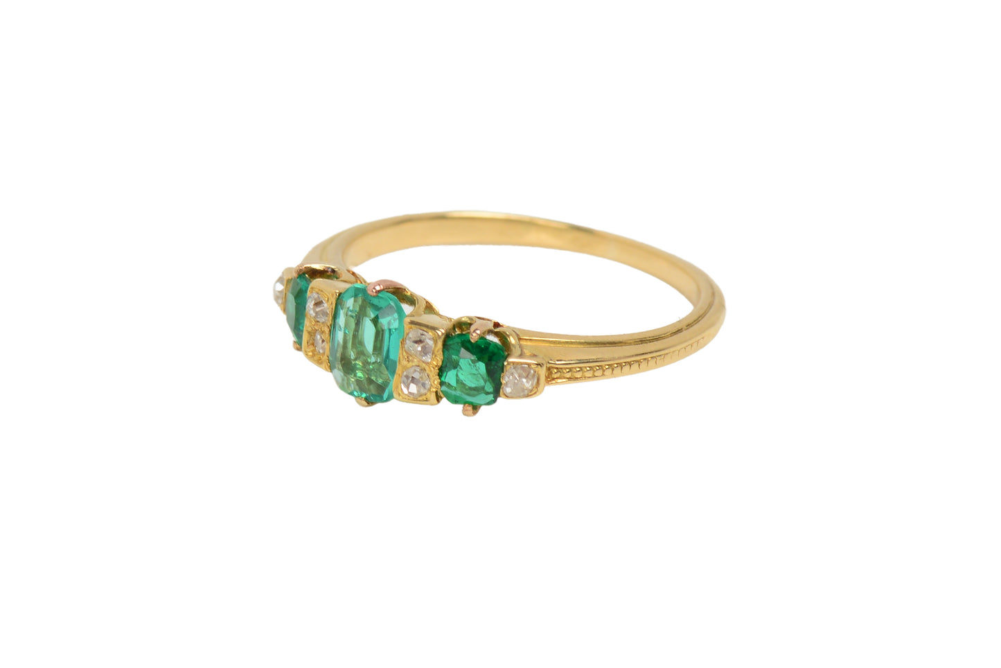 Edwardian Antique Three Emerald Diamond Ring