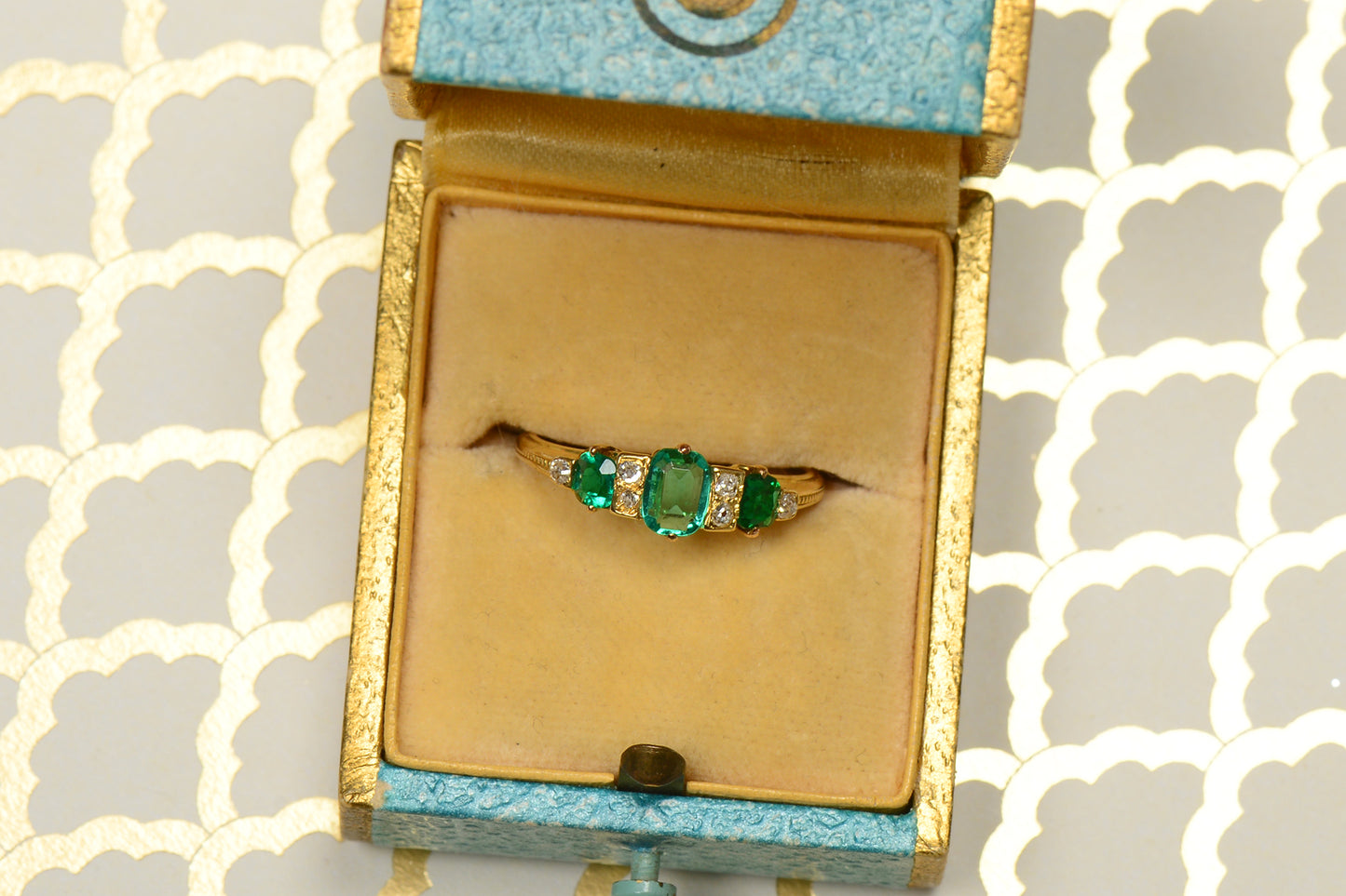 Edwardian Antique Three Emerald Diamond Ring
