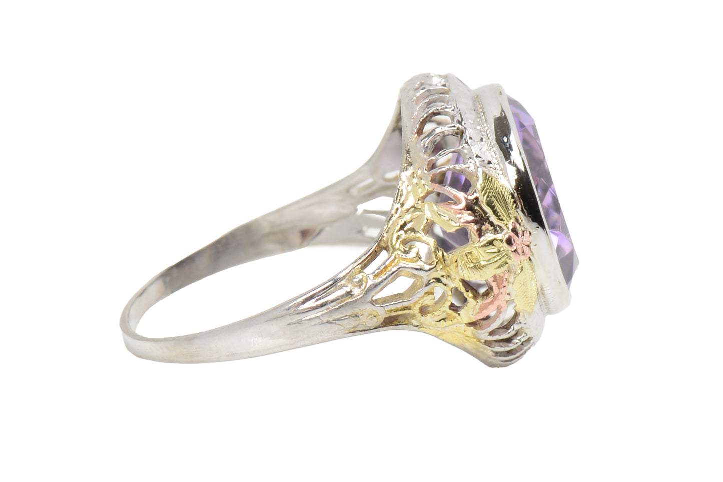 Antique Three Color Gold Amethyst Filigree Ring