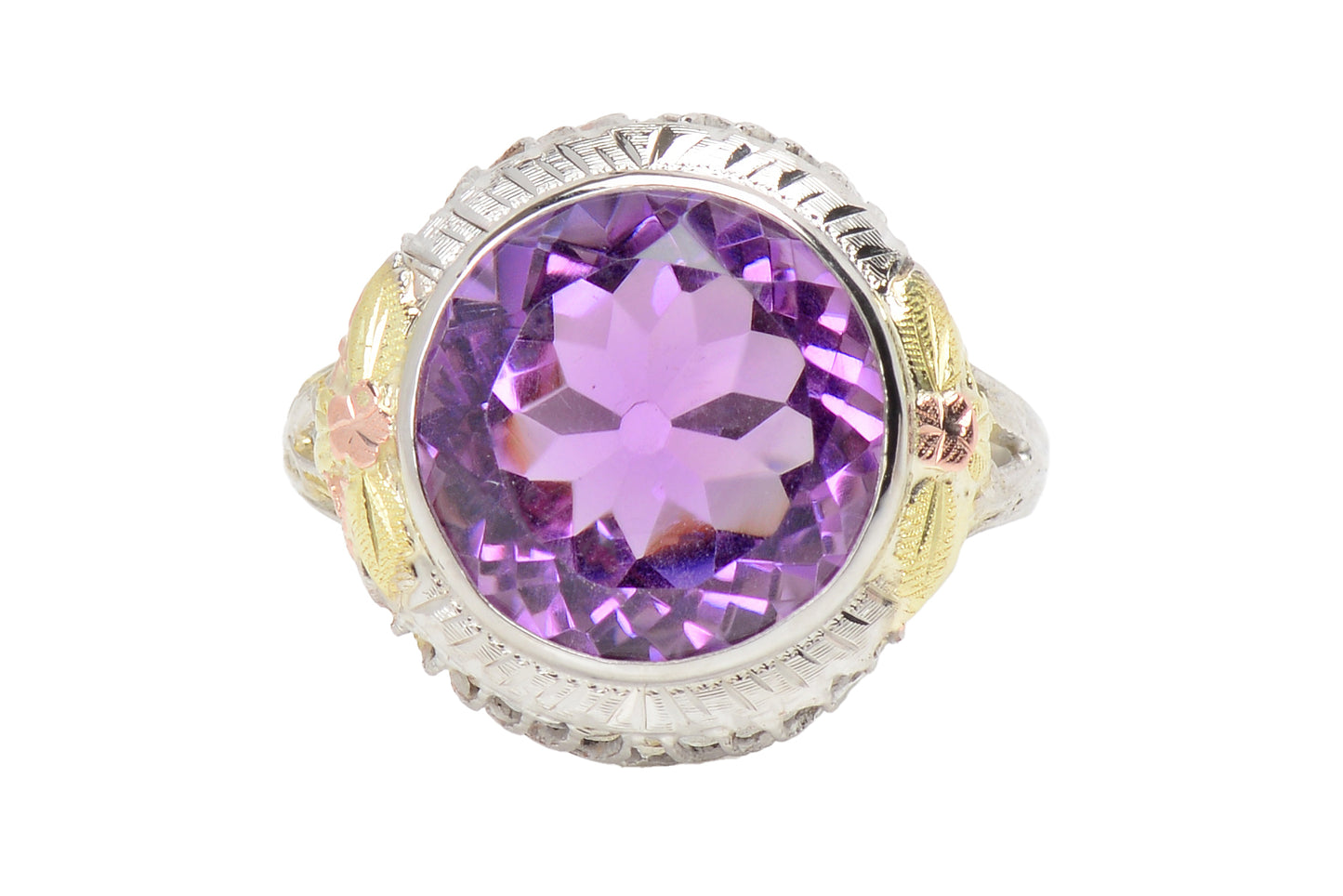 Antique Three Color Gold Amethyst Filigree Ring