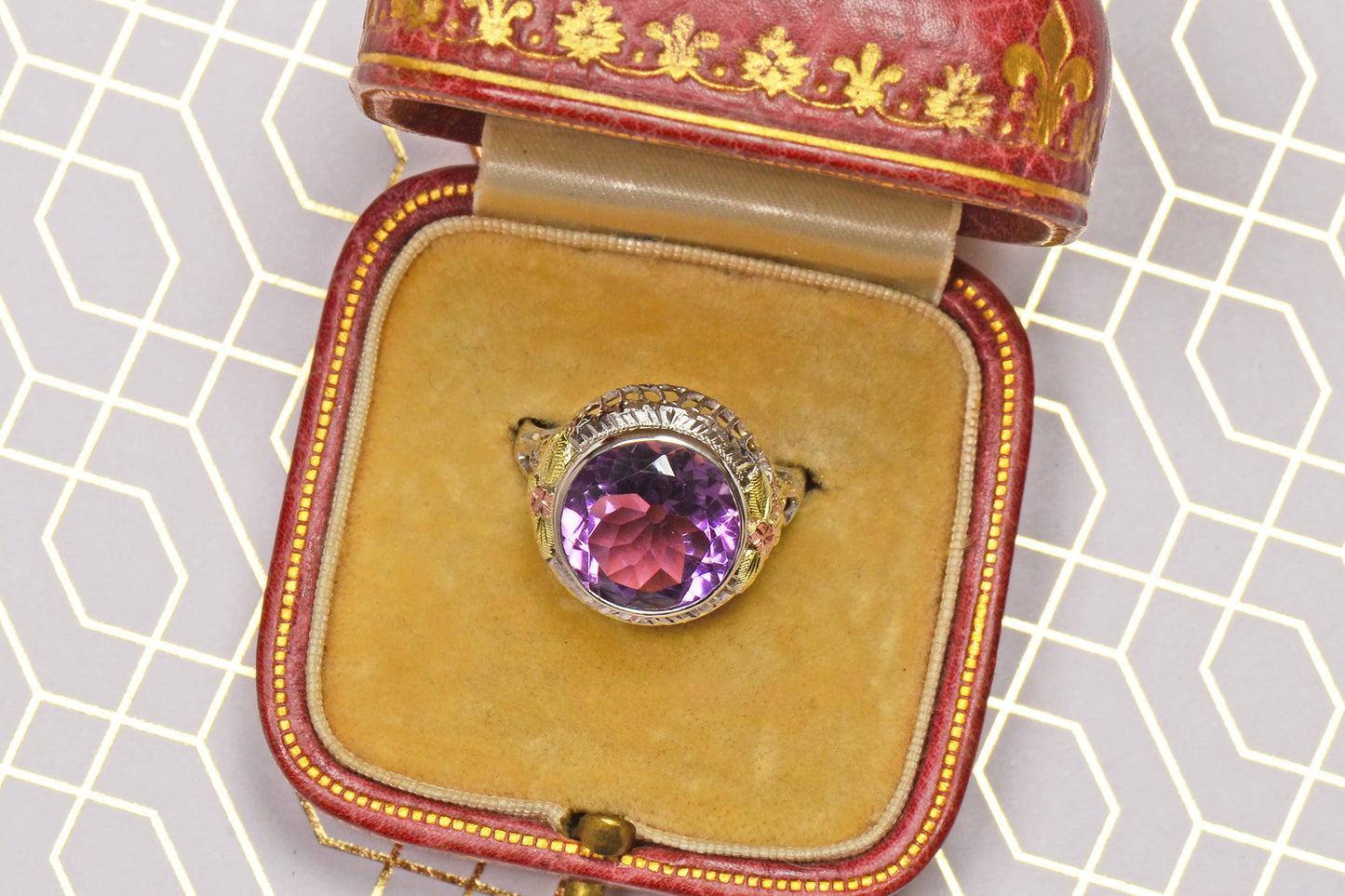 Antique Three Color Gold Amethyst Filigree Ring