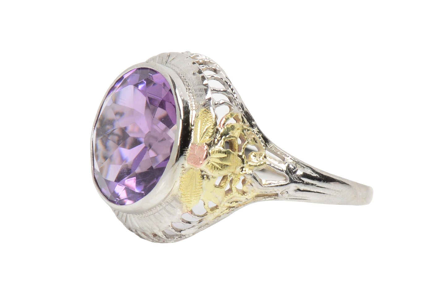 Antique Three Color Gold Amethyst Filigree Ring