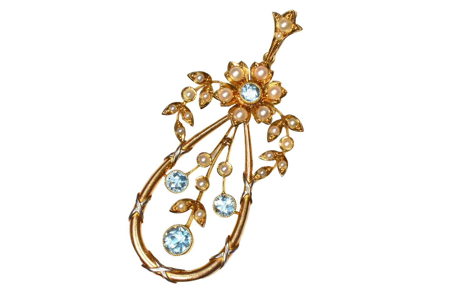 Edwardian Aquamarine Natural Pearl Articulated Pendant