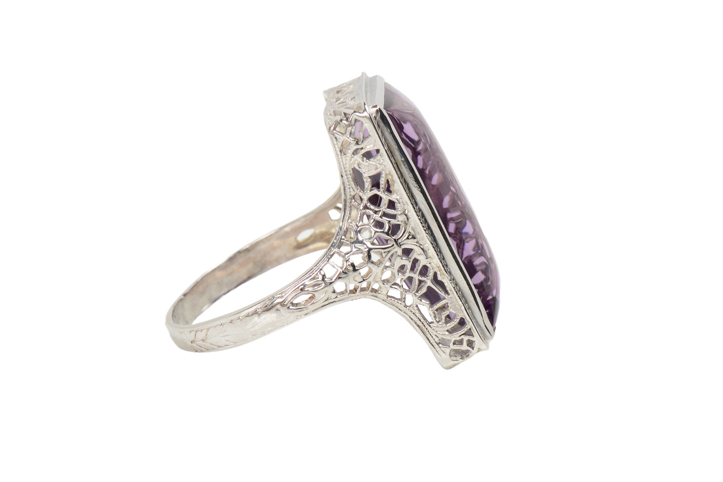 Buff Top Natural Amethyst 14k White Gold Vintage Ring
