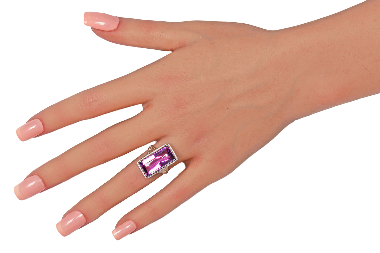 Buff Top Natural Amethyst 14k White Gold Vintage Ring