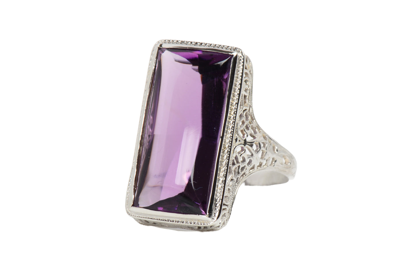 Buff Top Natural Amethyst 14k White Gold Vintage Ring