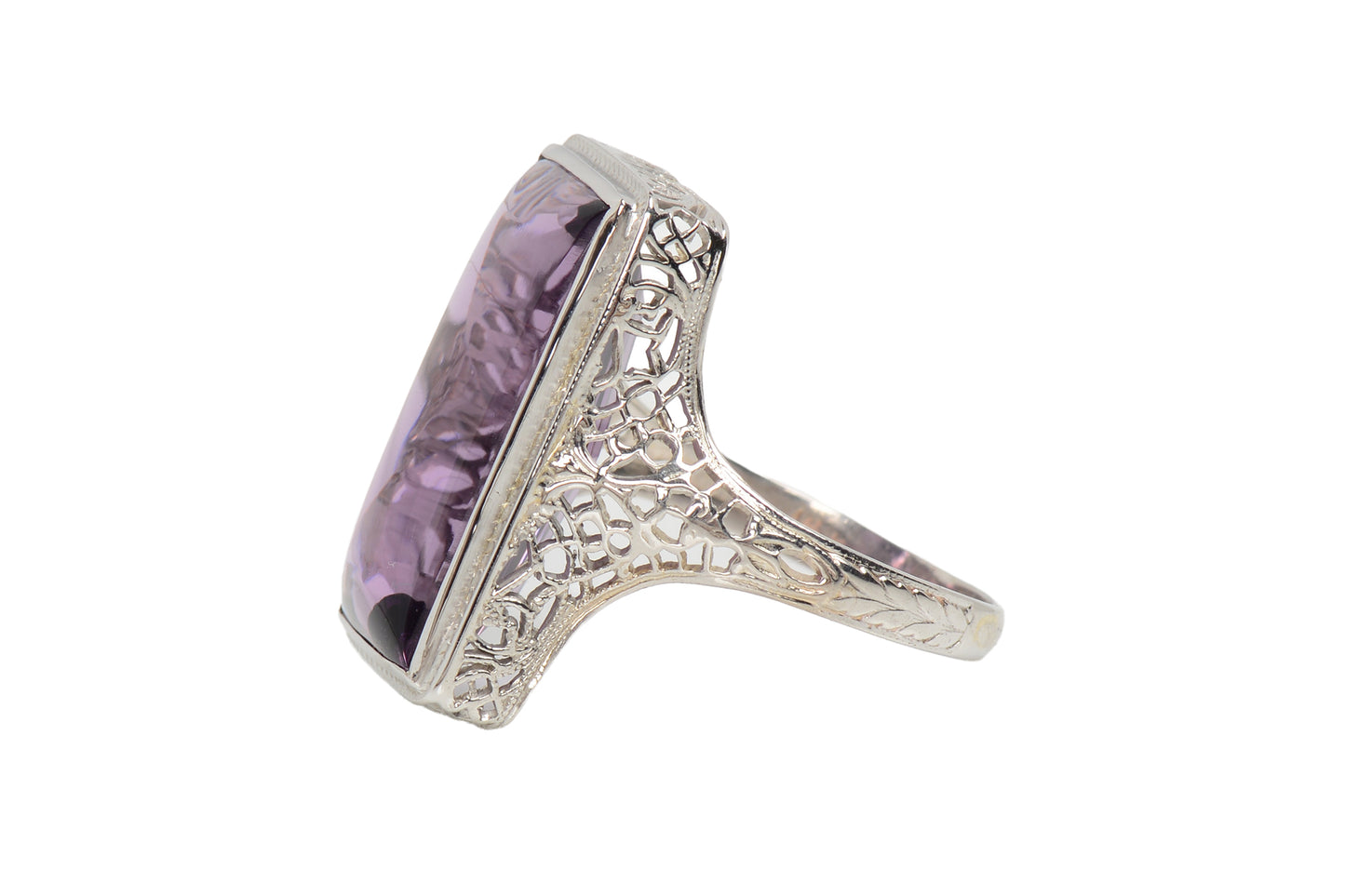 Buff Top Natural Amethyst 14k White Gold Vintage Ring