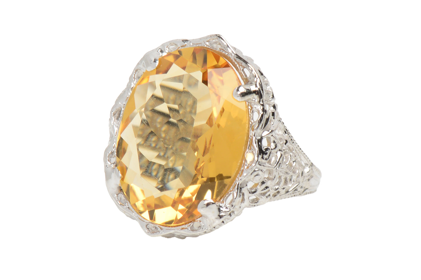 Daylight Citrine & White Gold Filigree Ring