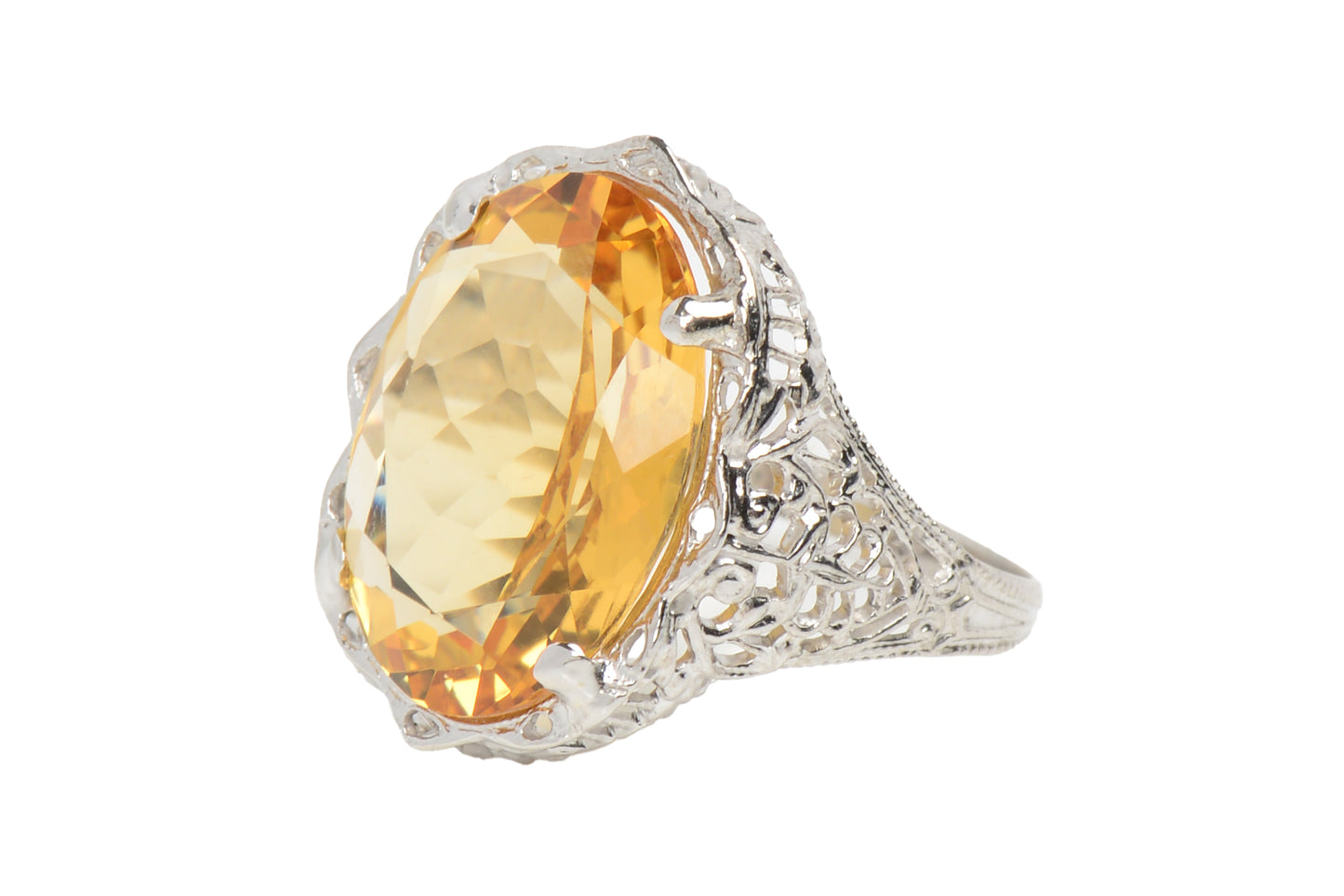 Daylight Citrine & White Gold Filigree Ring