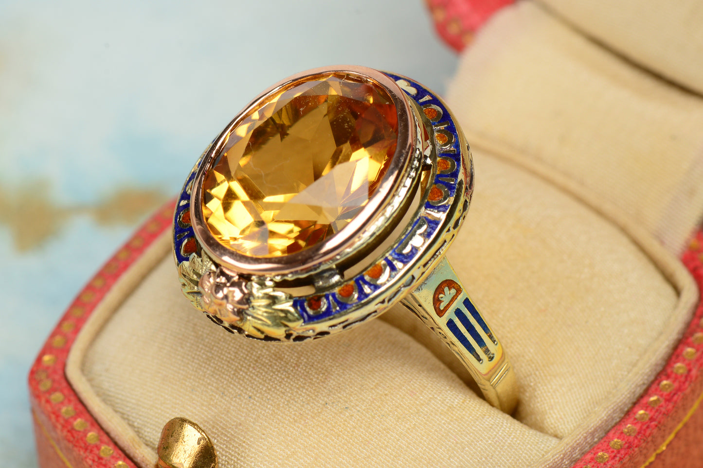 Honey Kissed Citrine Art Deco Enamel Ring