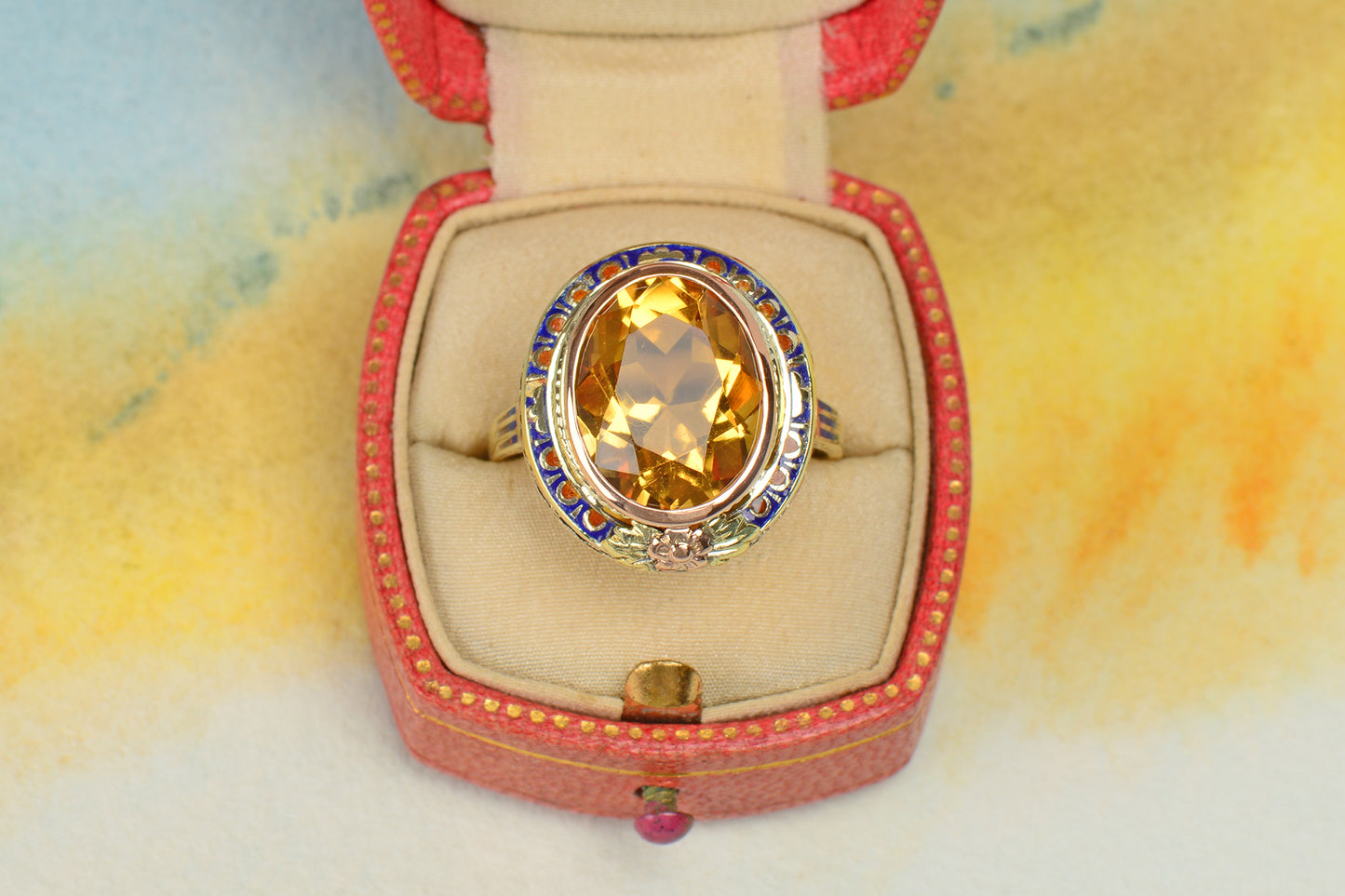 Honey Kissed Citrine Art Deco Enamel Ring