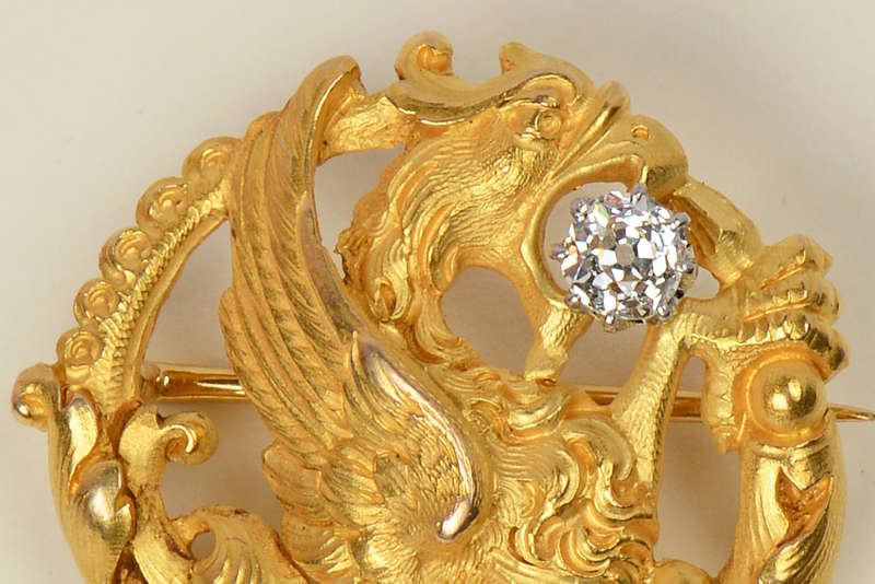 Art Nouveau 18k Diamond Gryphon Dragon Brooch