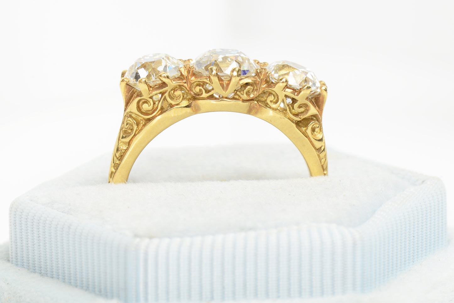 Three Old European Cut Diamond Trilogy Ring of 3.16 Carats