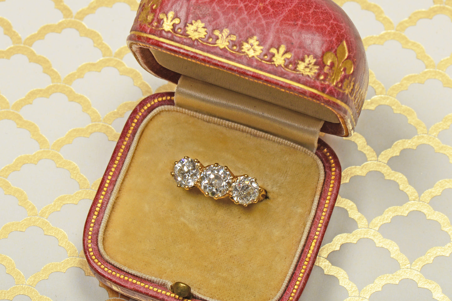 Three Old European Cut Diamond Trilogy Ring of 3.16 Carats