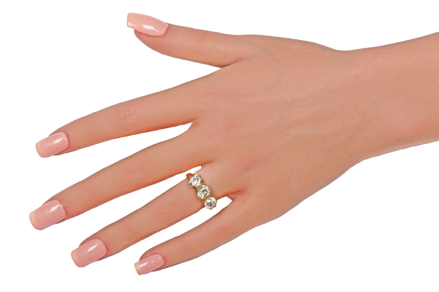 Three Old European Cut Diamond Trilogy Ring of 3.16 Carats