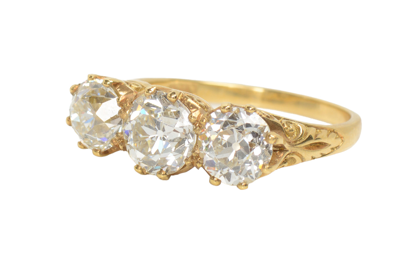 Three Old European Cut Diamond Trilogy Ring of 3.16 Carats