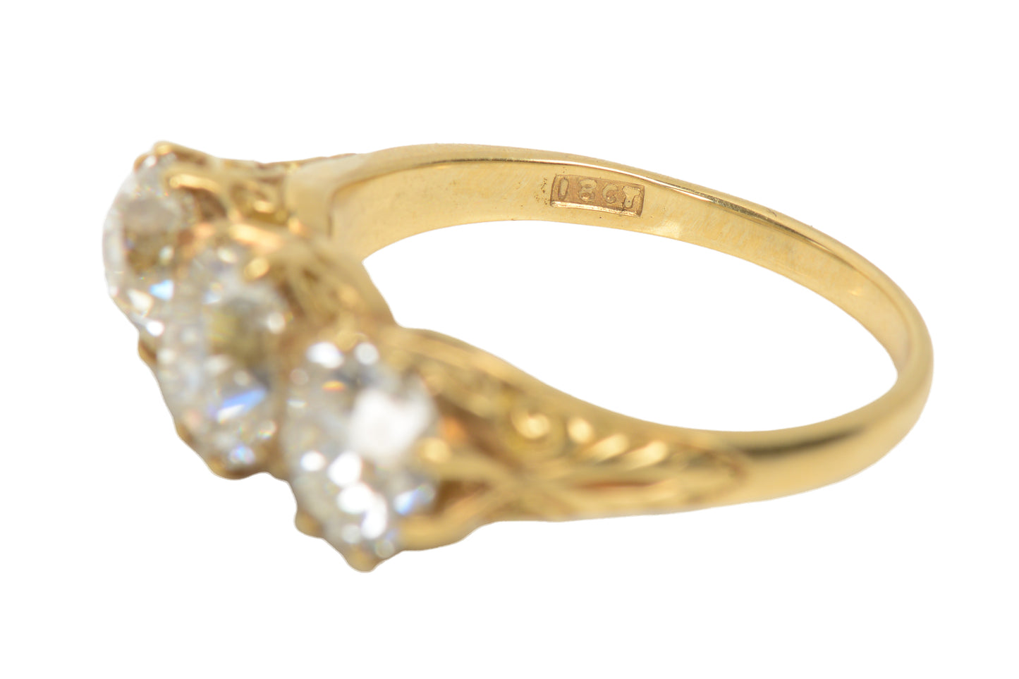 Three Old European Cut Diamond Trilogy Ring of 3.16 Carats