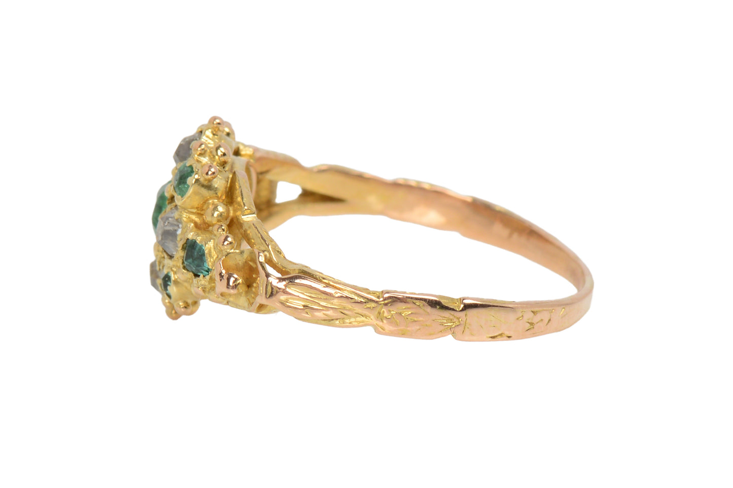 Cushion Cut Diamond & Emerald Victorian Ring