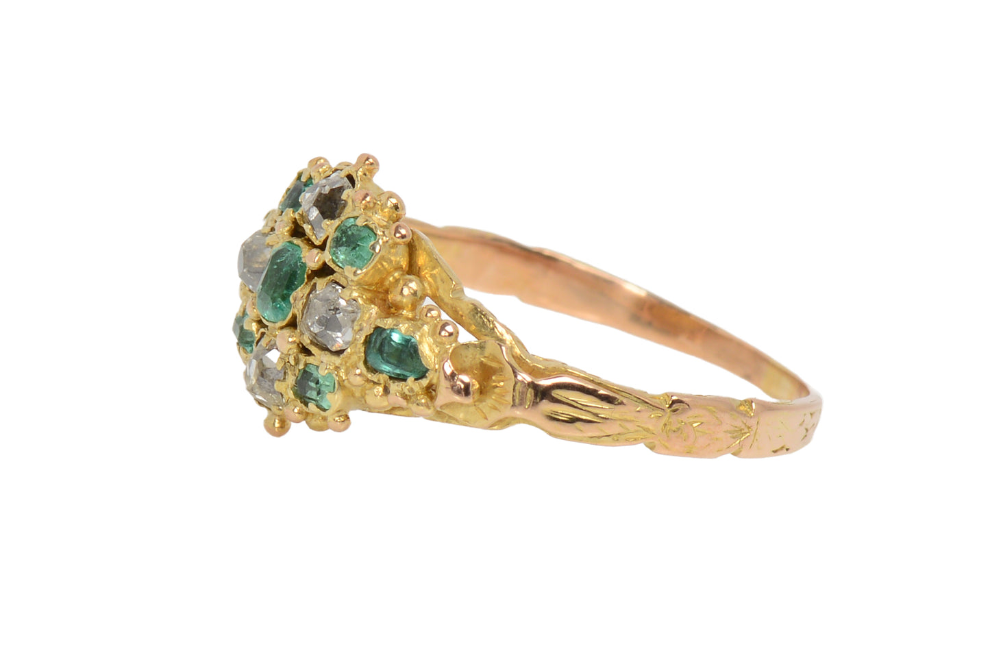 Cushion Cut Diamond & Emerald Victorian Ring