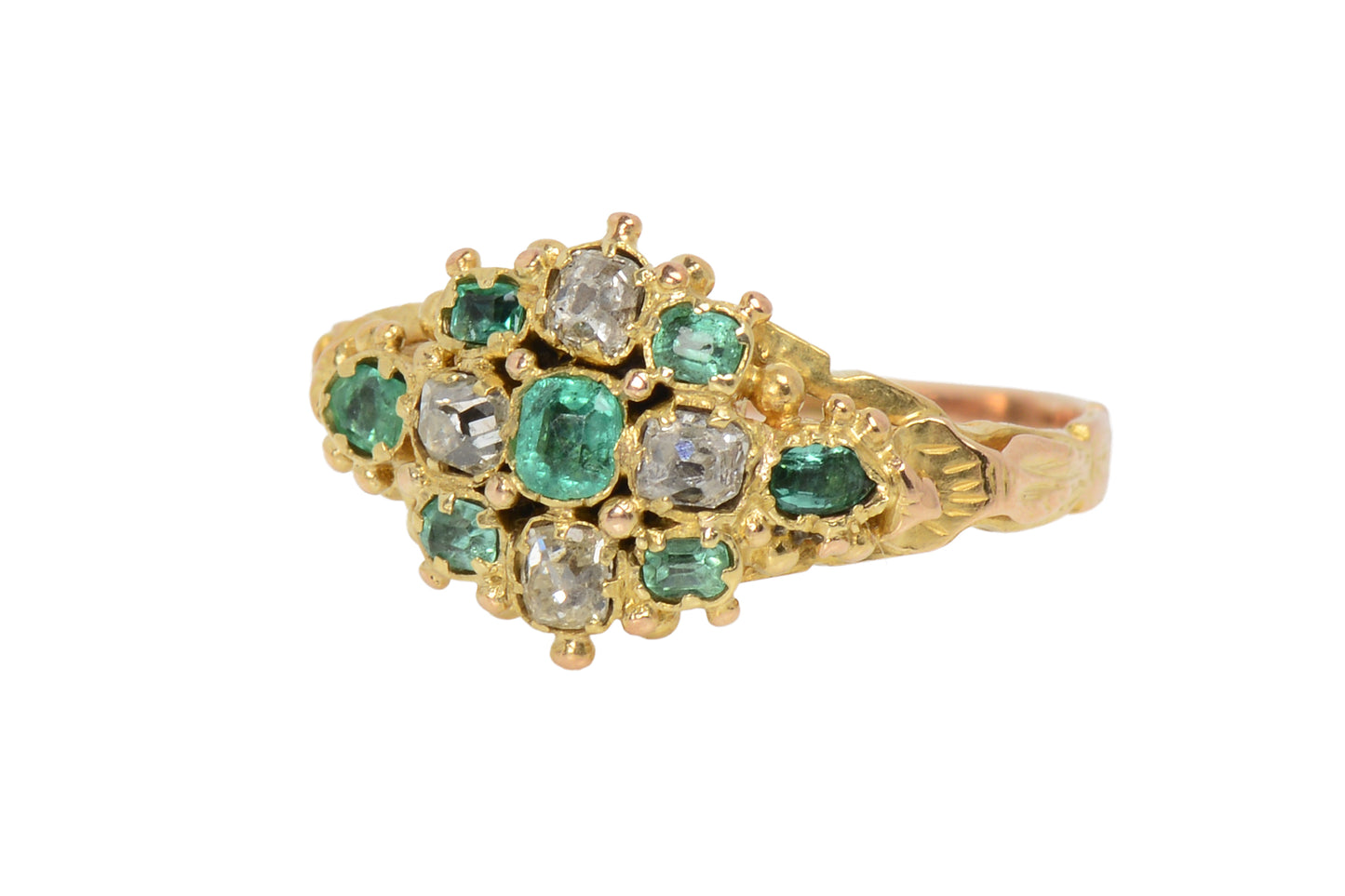 Cushion Cut Diamond & Emerald Victorian Ring