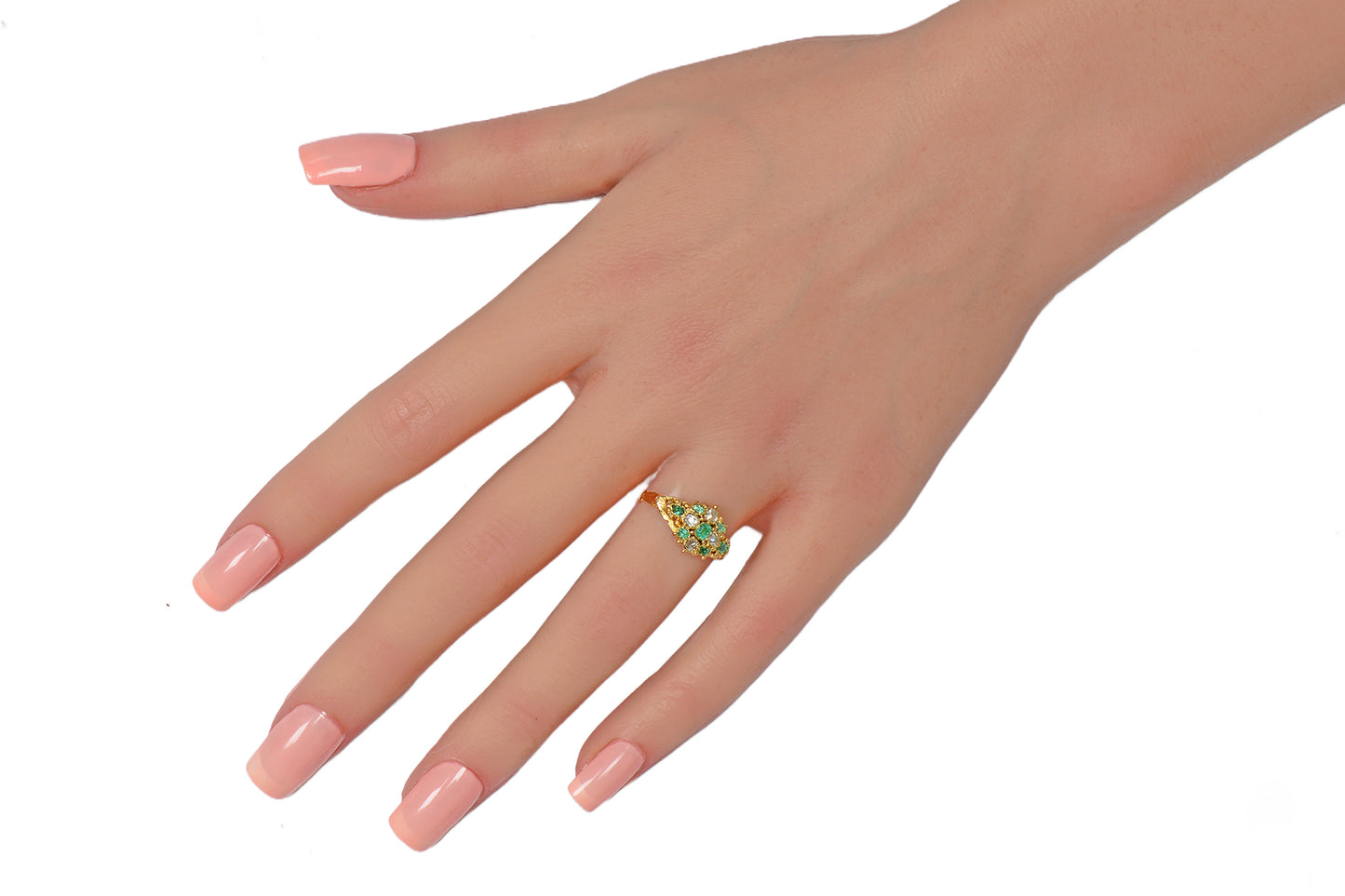 Cushion Cut Diamond & Emerald Victorian Ring