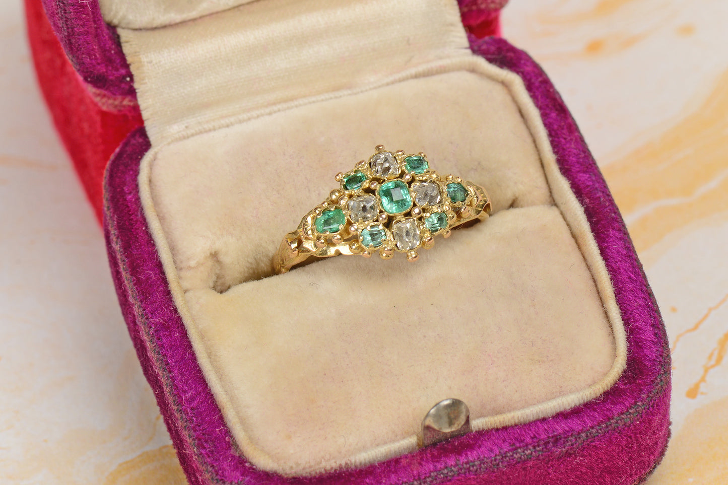 Cushion Cut Diamond & Emerald Victorian Ring