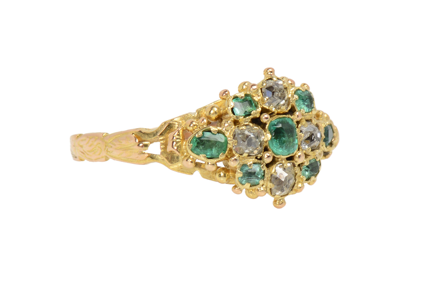 Cushion Cut Diamond & Emerald Victorian Ring