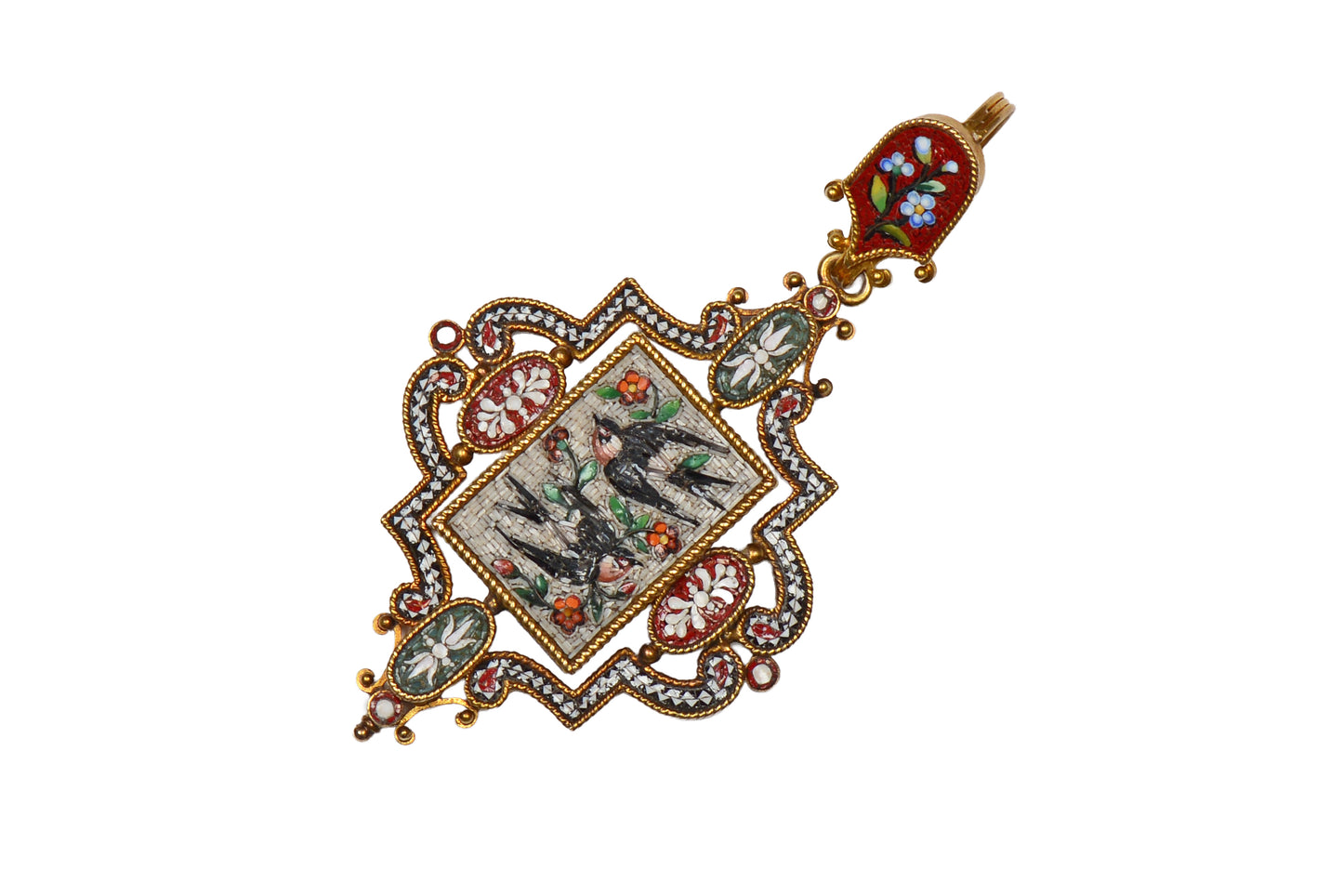 Antique Barn Swallow Bird Micromosaic Gold Pendant