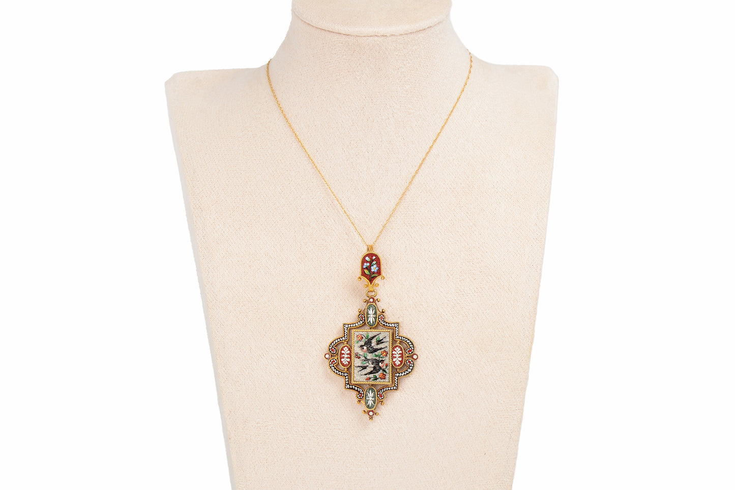 Antique Barn Swallow Bird Micromosaic Gold Pendant