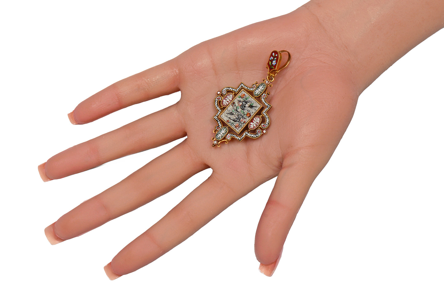 Antique Barn Swallow Bird Micromosaic Gold Pendant