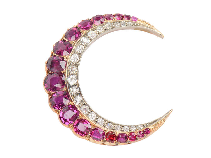 Vermillion Sky - Antique Ruby Crescent Moon Pendant Brooch