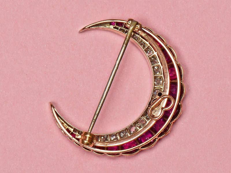 Vermillion Sky - Antique Ruby Crescent Moon Pendant Brooch