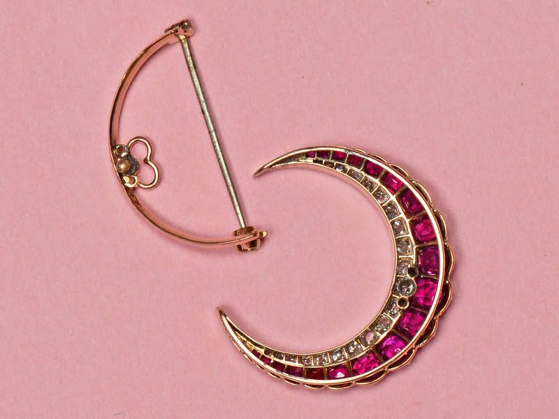 Vermillion Sky - Antique Ruby Crescent Moon Pendant Brooch