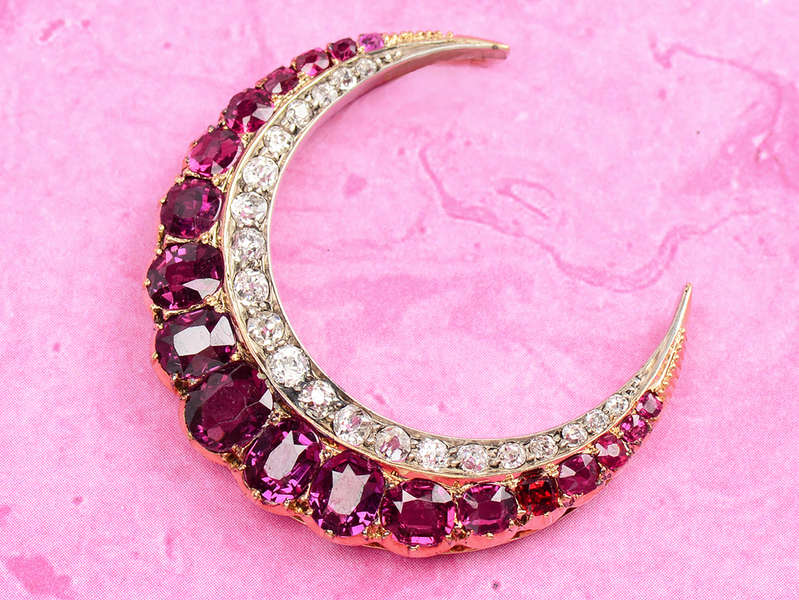 Vermillion Sky - Antique Ruby Crescent Moon Pendant Brooch