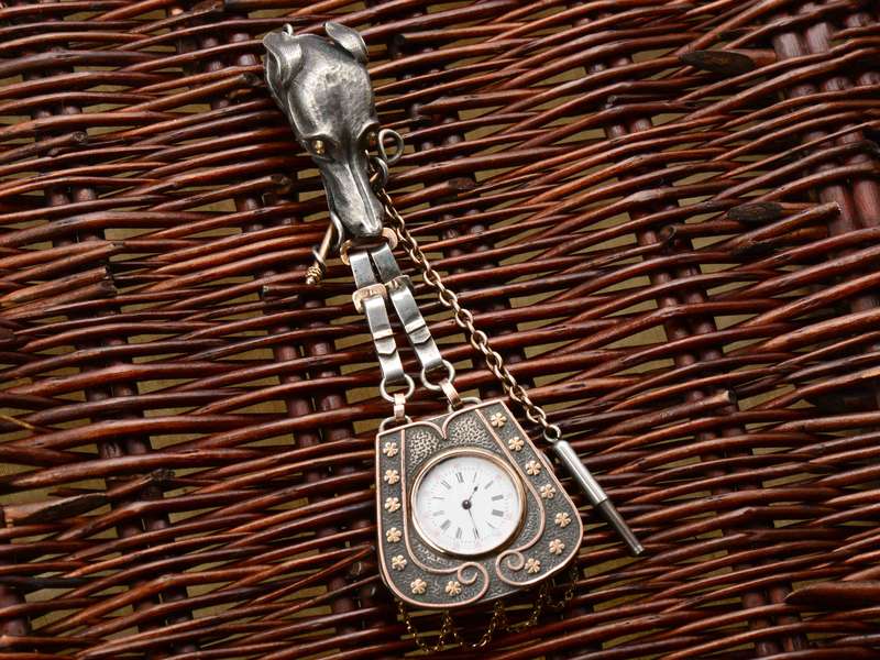 Amazing Dog Motif Silver & Gold Chatelaine Watch