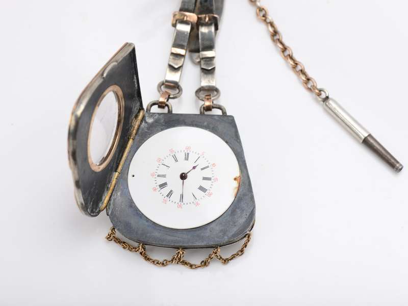 Amazing Dog Motif Silver & Gold Chatelaine Watch