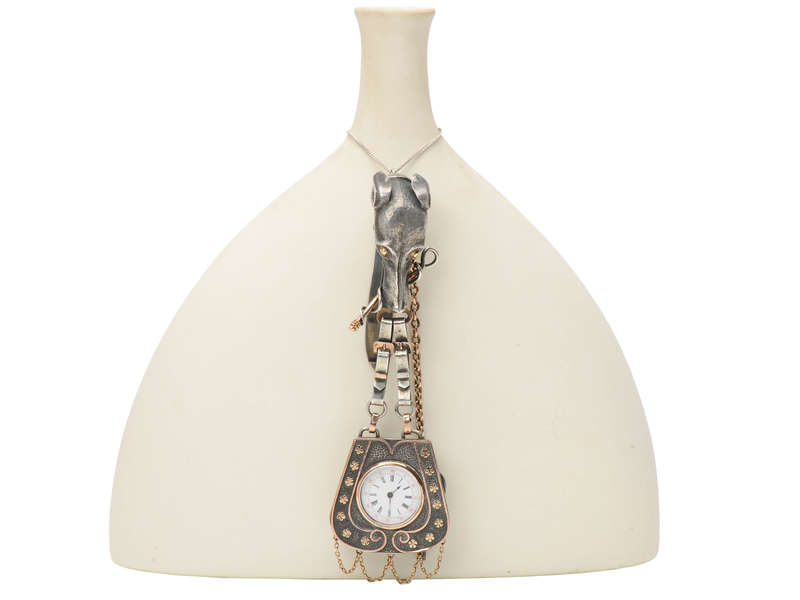 Amazing Dog Motif Silver & Gold Chatelaine Watch