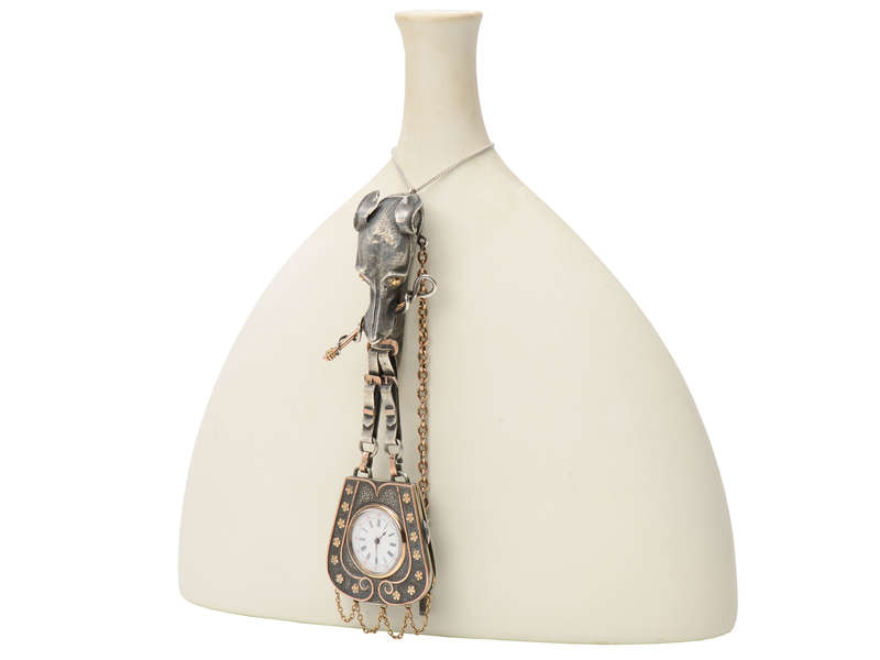 Amazing Dog Motif Silver & Gold Chatelaine Watch