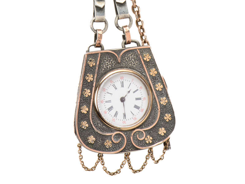Amazing Dog Motif Silver & Gold Chatelaine Watch