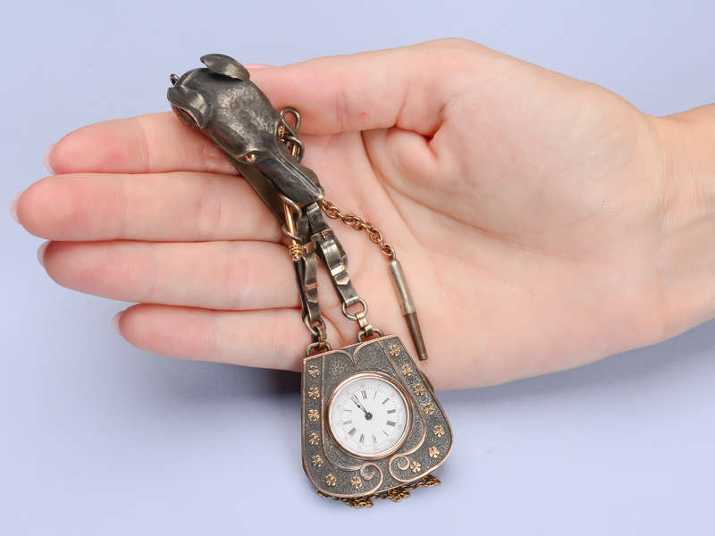 Amazing Dog Motif Silver & Gold Chatelaine Watch