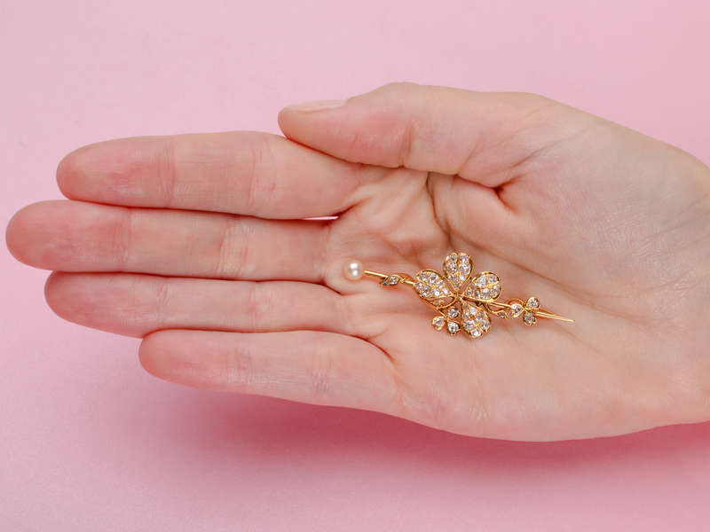 Antique Diamond Clover Pearl Brooch