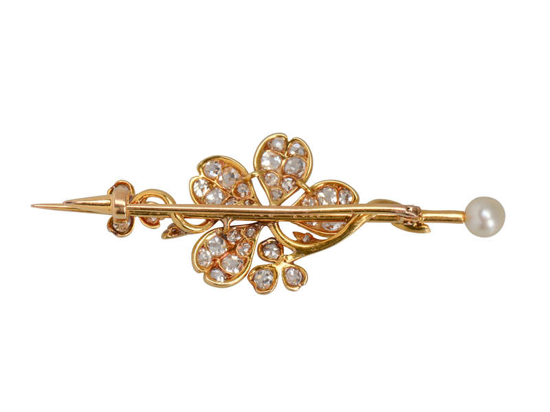 Antique Diamond Clover Pearl Brooch