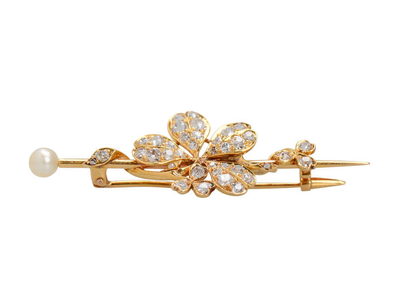 Antique Diamond Clover Pearl Brooch
