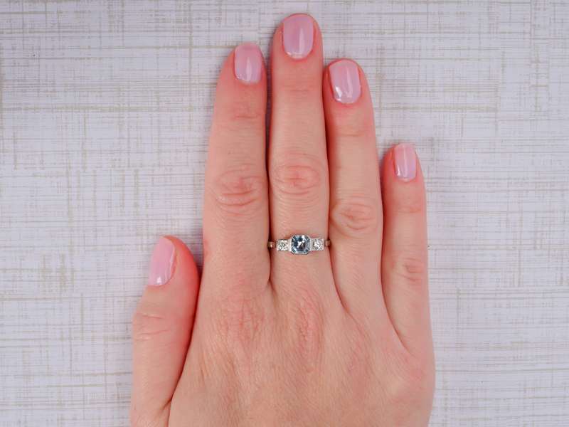 Aquamarine Diamond Platinum Trilogy Ring