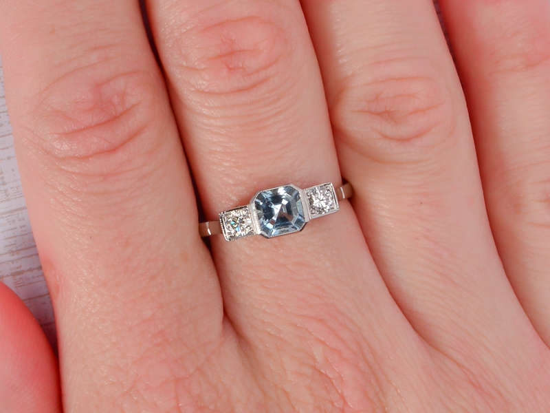 Aquamarine Diamond Platinum Trilogy Ring