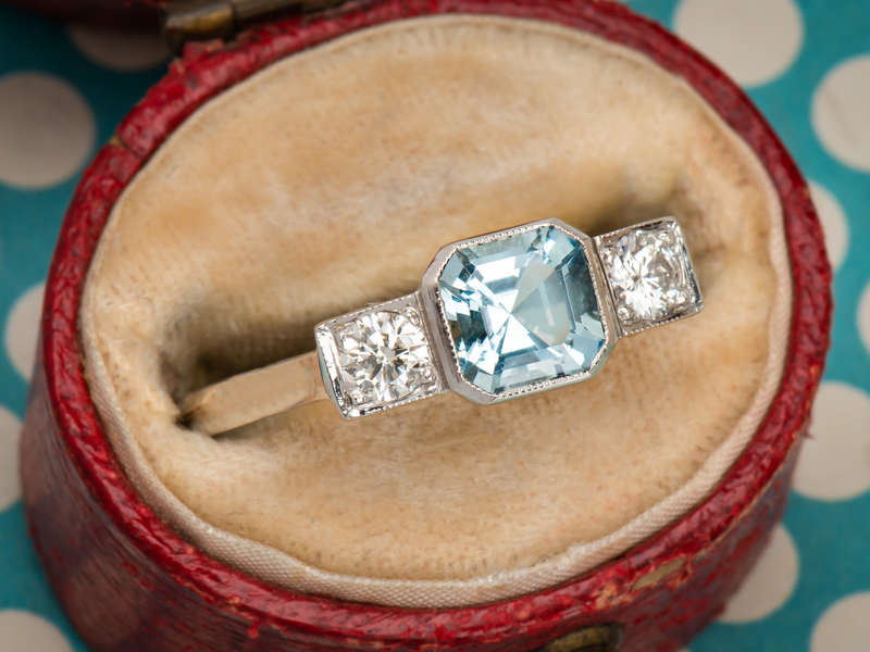 Aquamarine Diamond Platinum Trilogy Ring