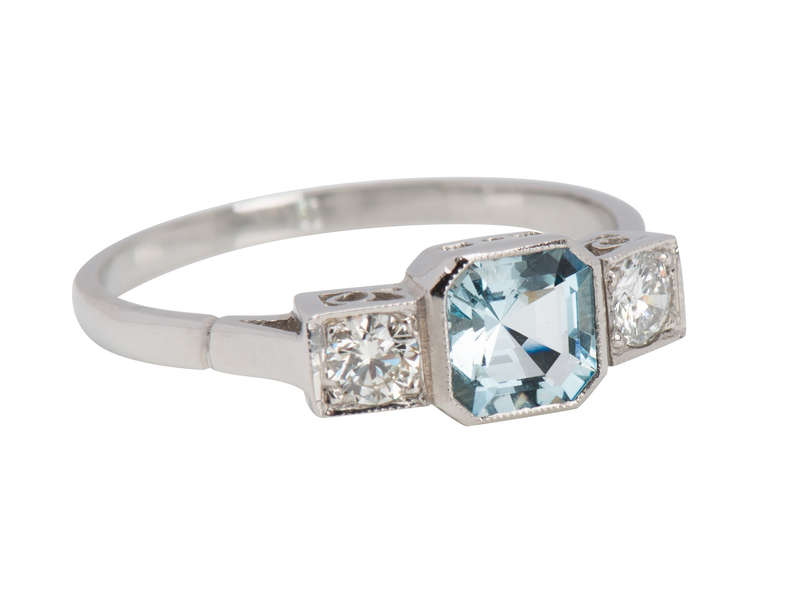 Aquamarine Diamond Platinum Trilogy Ring