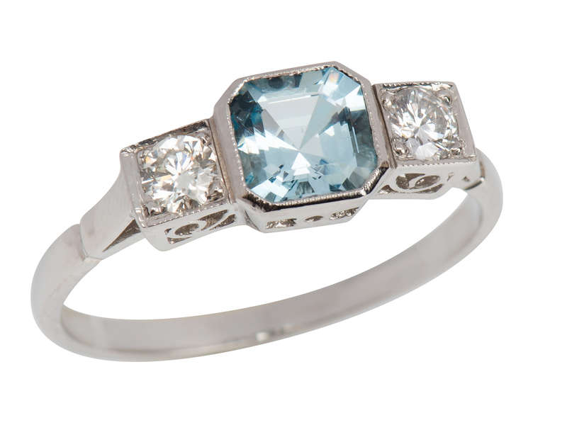 Aquamarine Diamond Platinum Trilogy Ring